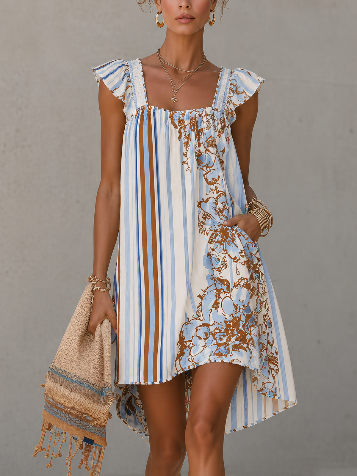 White Striped Ruffle Sleeves Floral Mini Dress
