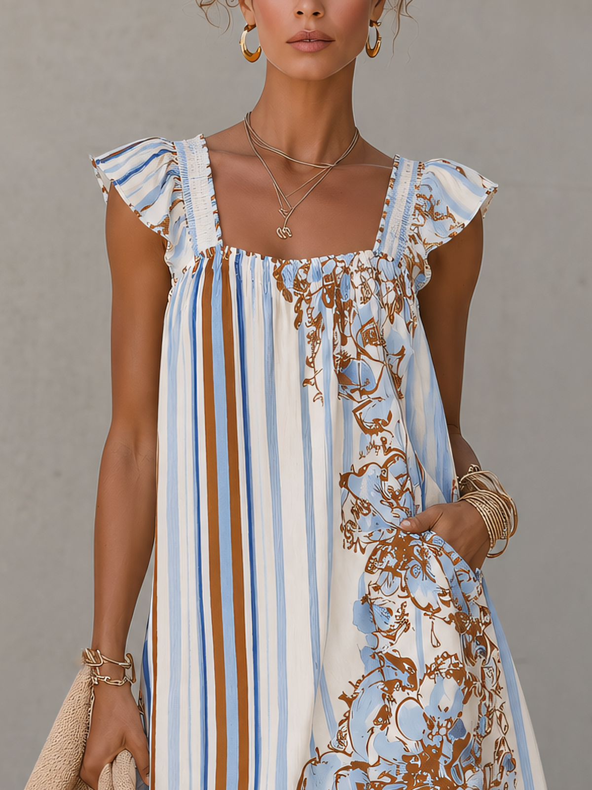 White Striped Ruffle Sleeves Floral Mini Dress