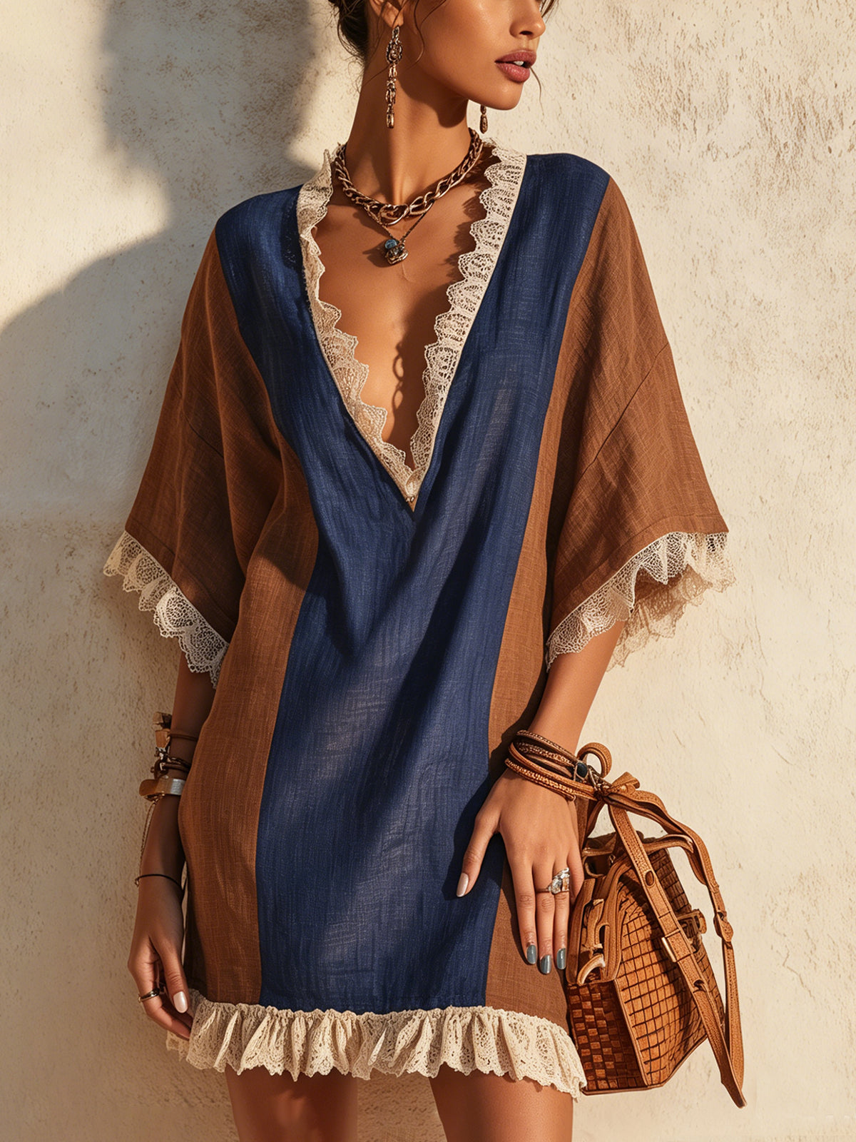Navy And Caramel Contrast Lace Trim Deep V-Neck Linen Mini Dress
