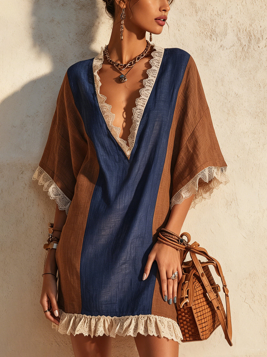 Navy And Caramel Contrast Lace Trim Deep V-Neck Linen Mini Dress