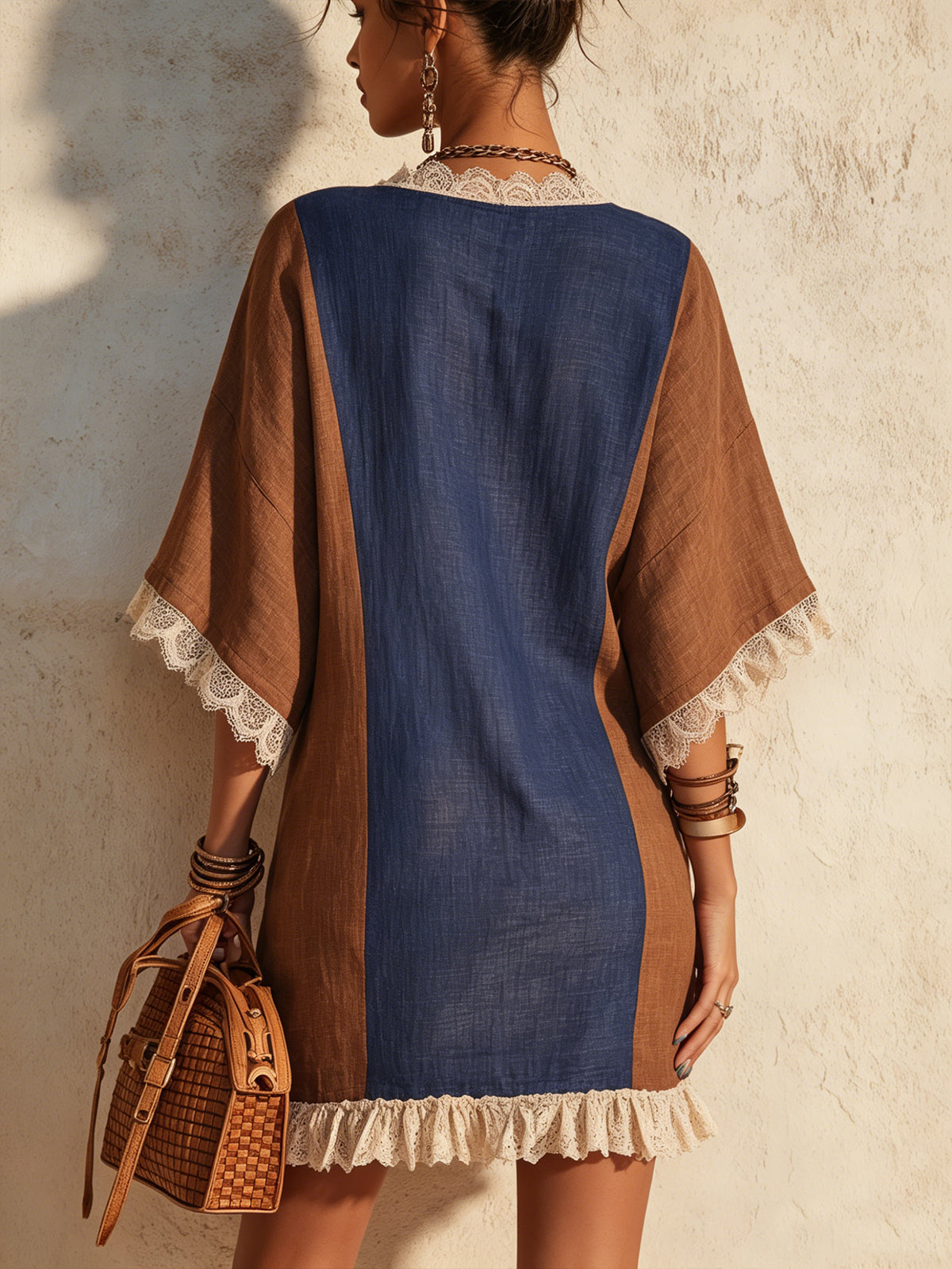 Navy And Caramel Contrast Lace Trim Deep V-Neck Linen Mini Dress