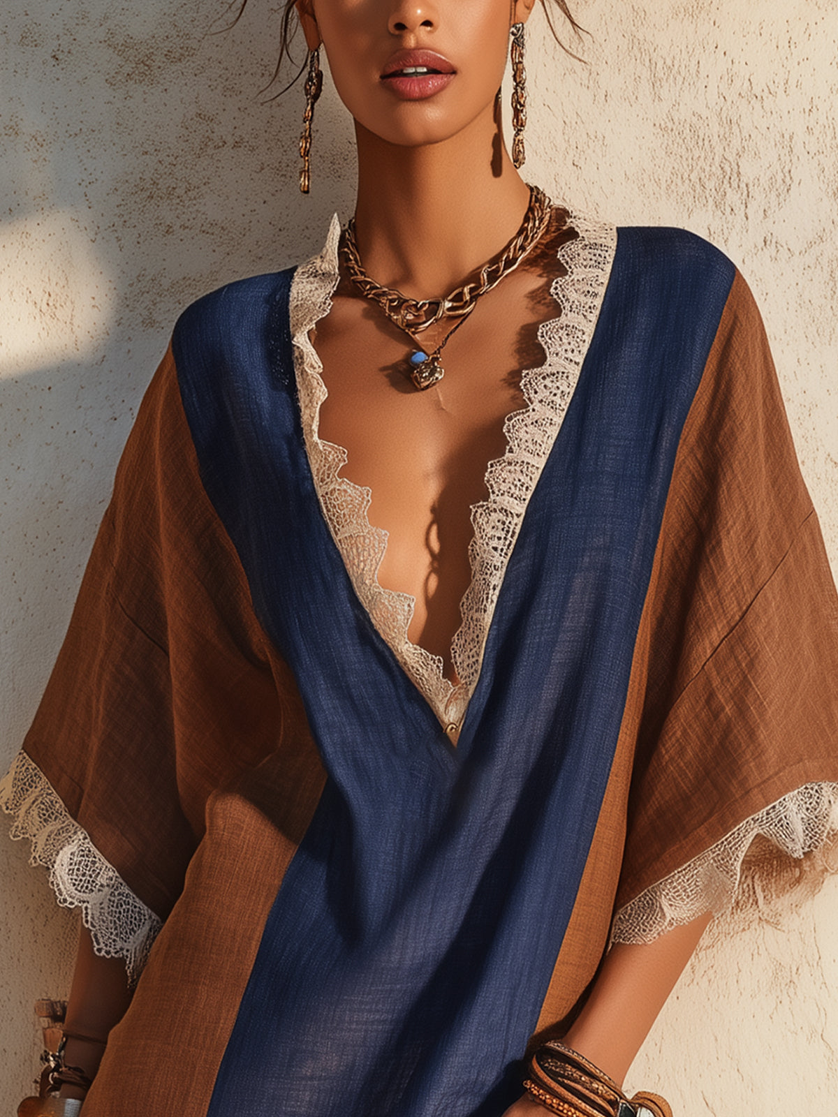 Navy And Caramel Contrast Lace Trim Deep V-Neck Linen Mini Dress