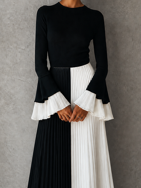 Contrast Pleated Midi Dress