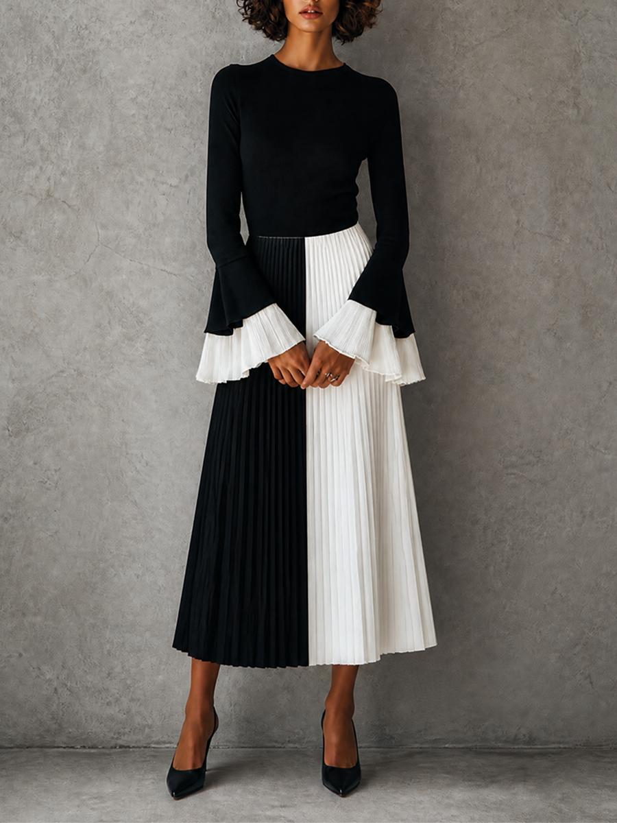Contrast Pleated Midi Dress