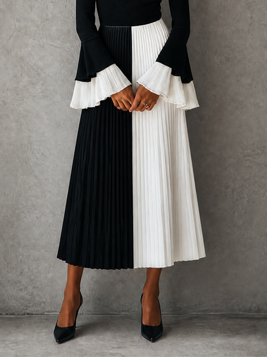 Contrast Pleated Midi Dress
