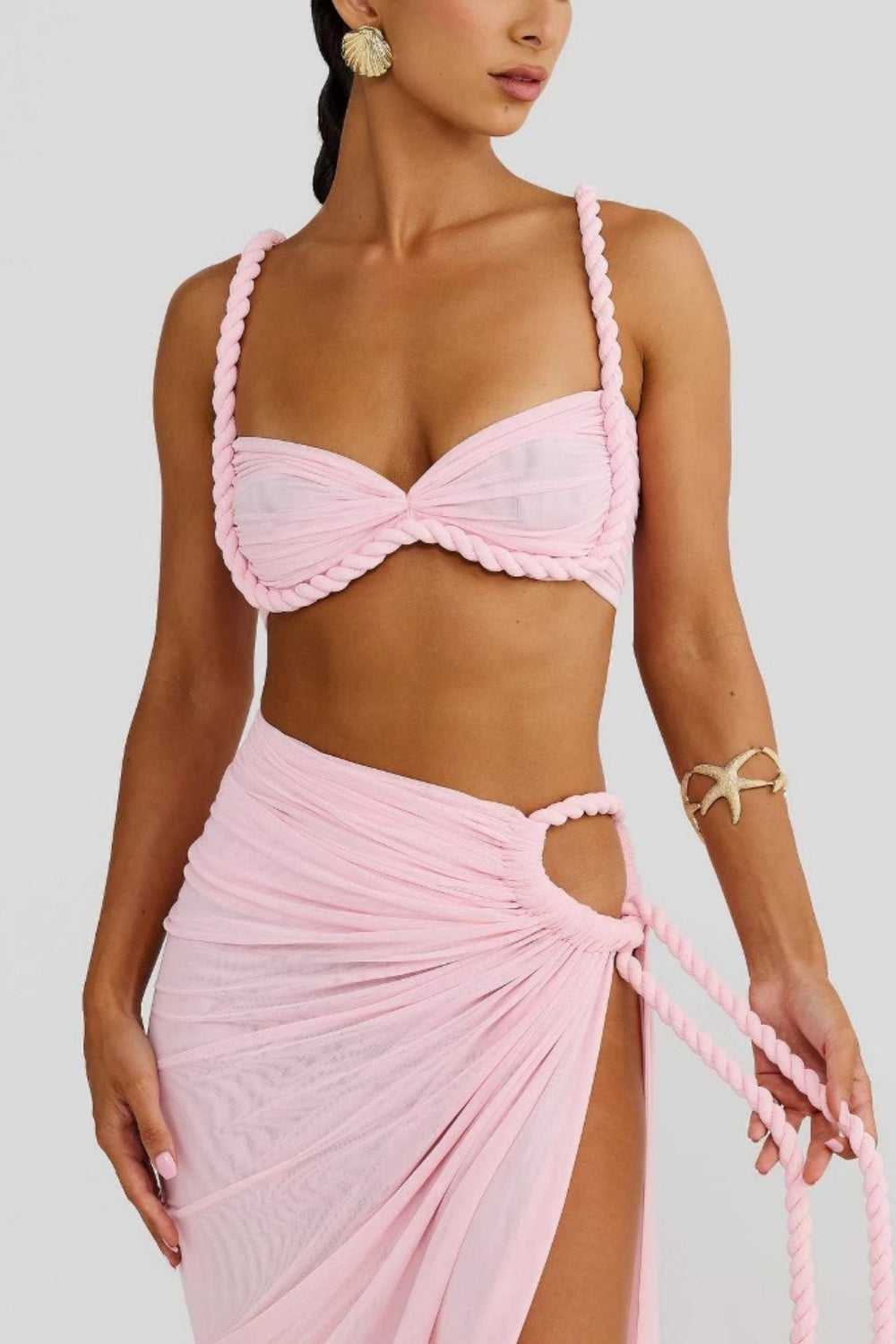 Solid Backless Hollow Beach Maxi Skirt Set