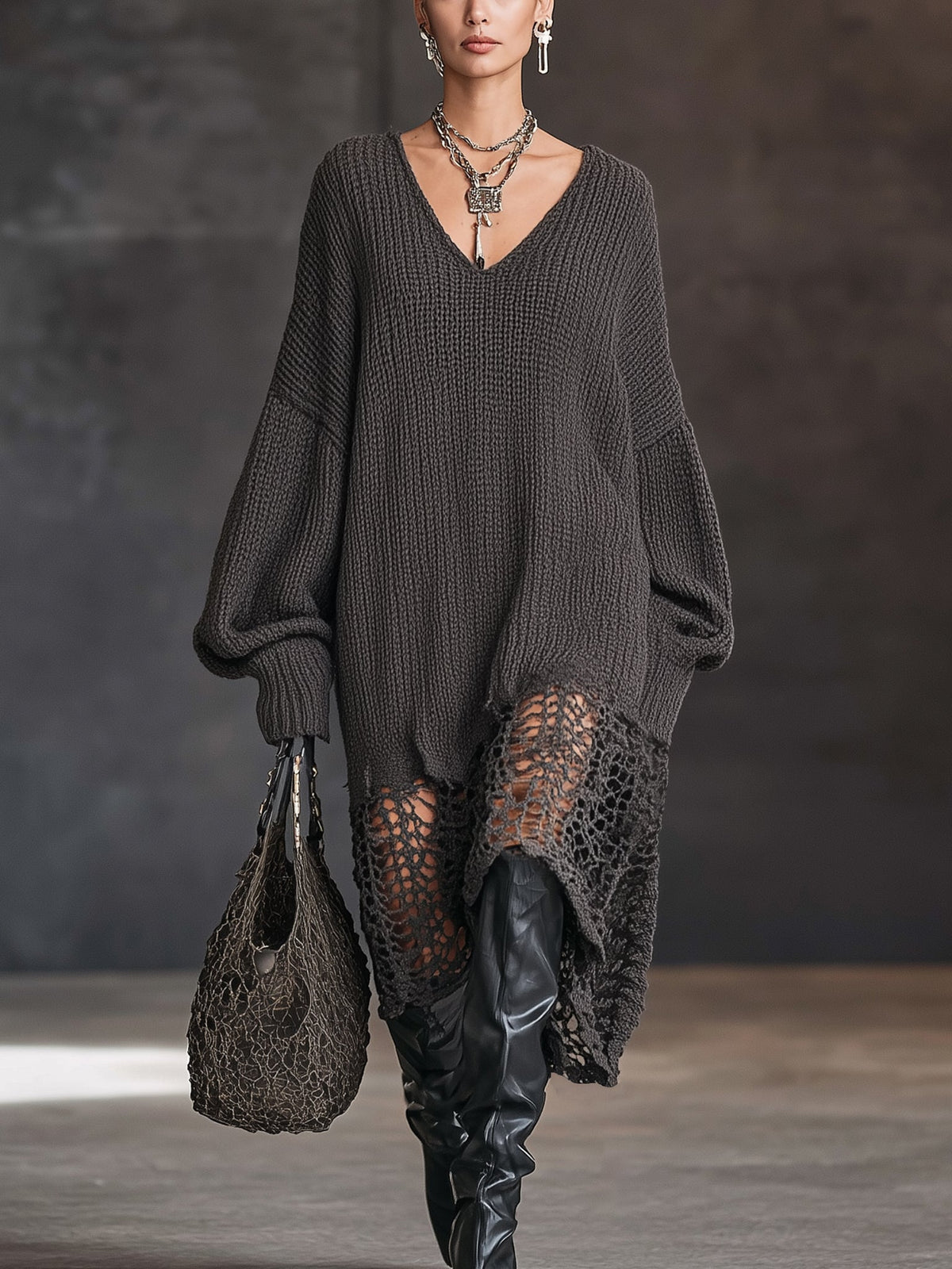 Charcoal Gray Long Sleeve Midi Dress