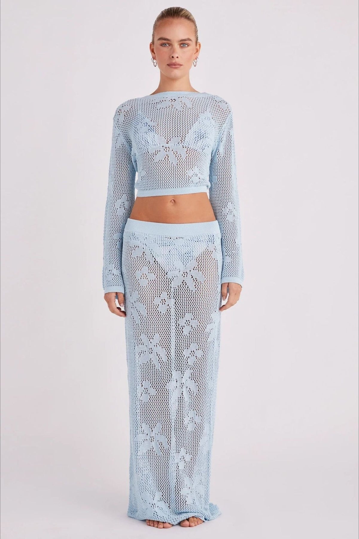 Crochet Knit Reversible Crop Top Skirt Set