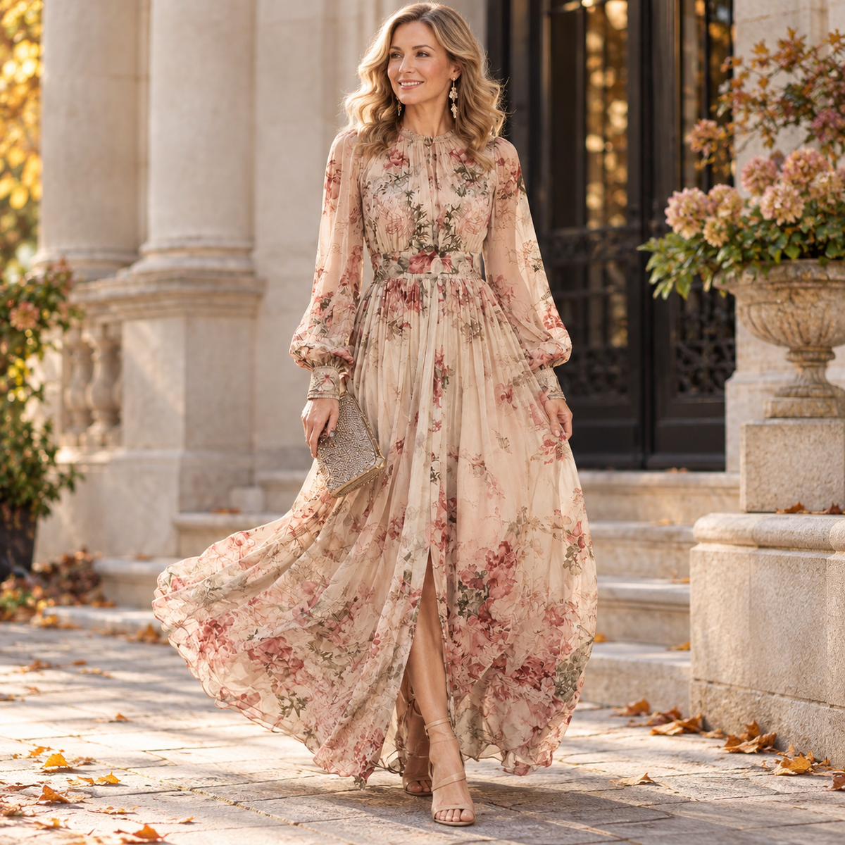 Amelie Vintage Floral High-Neck Maxi Dress