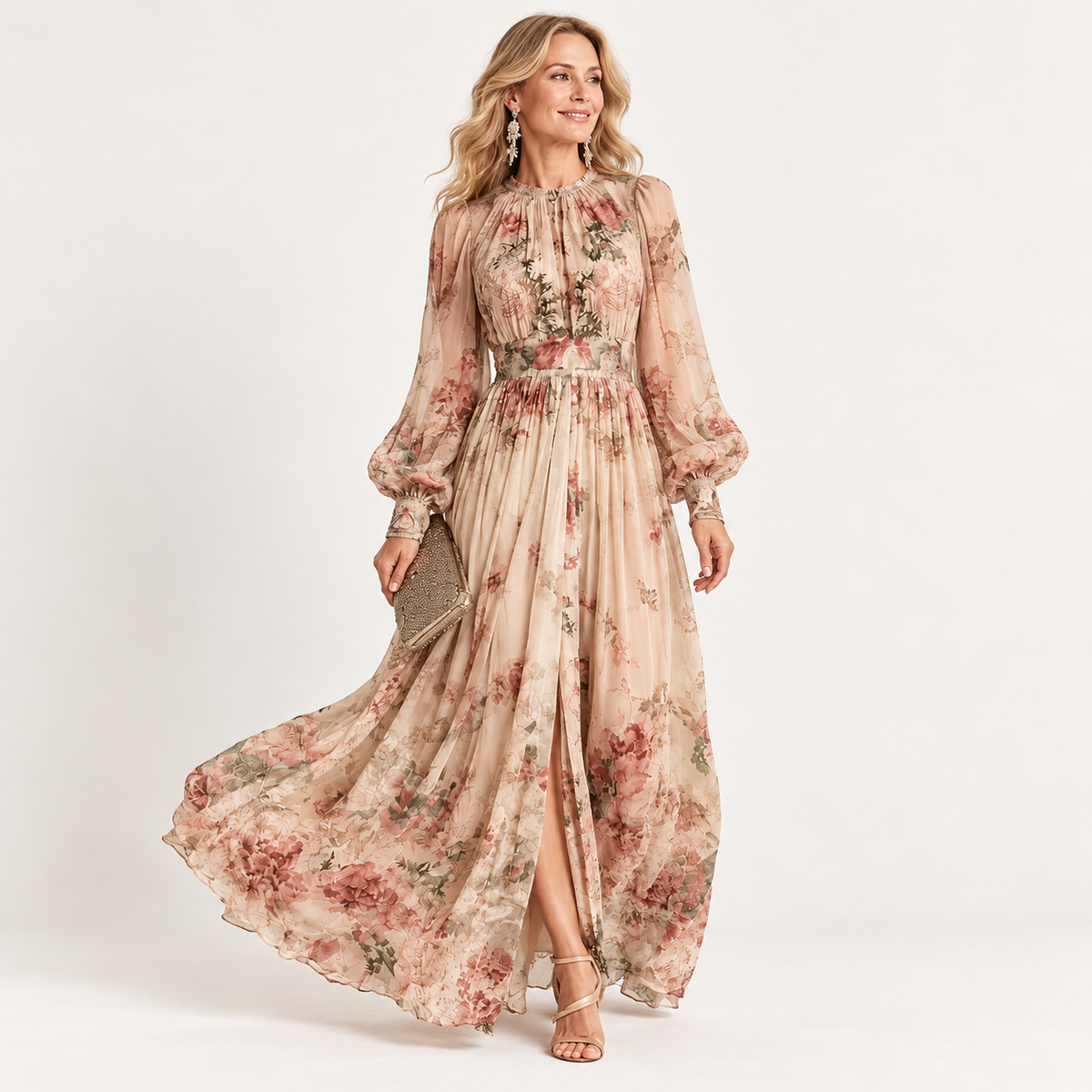 Amelie Vintage Floral High-Neck Maxi Dress