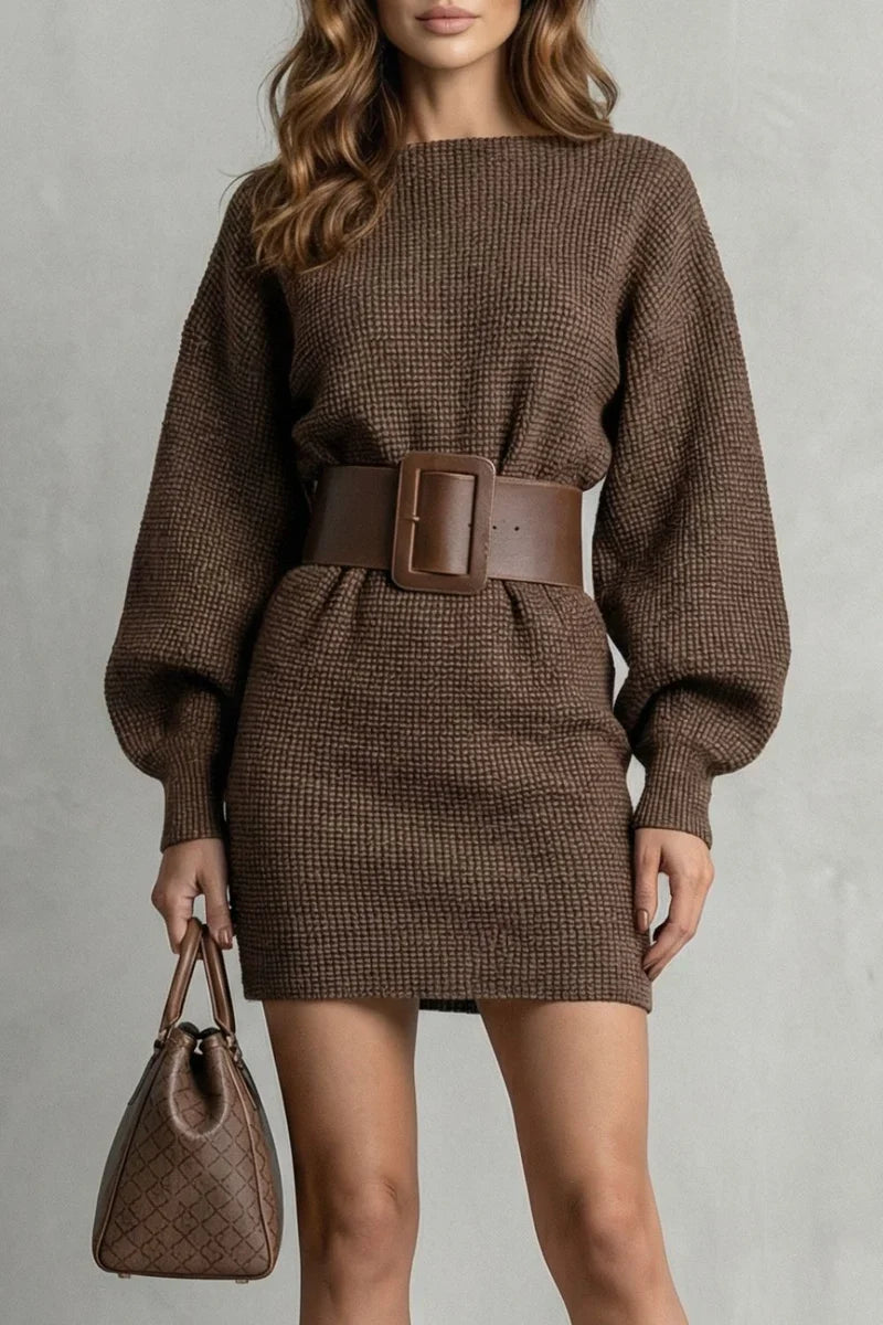 Belted Waist-Cinching Knit Short Dress