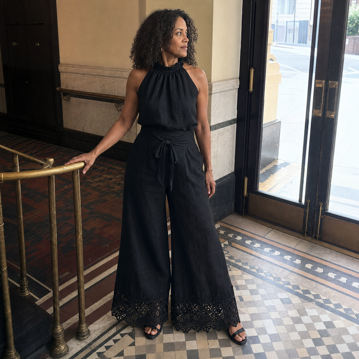 Black Lace-trimmed Pants Set