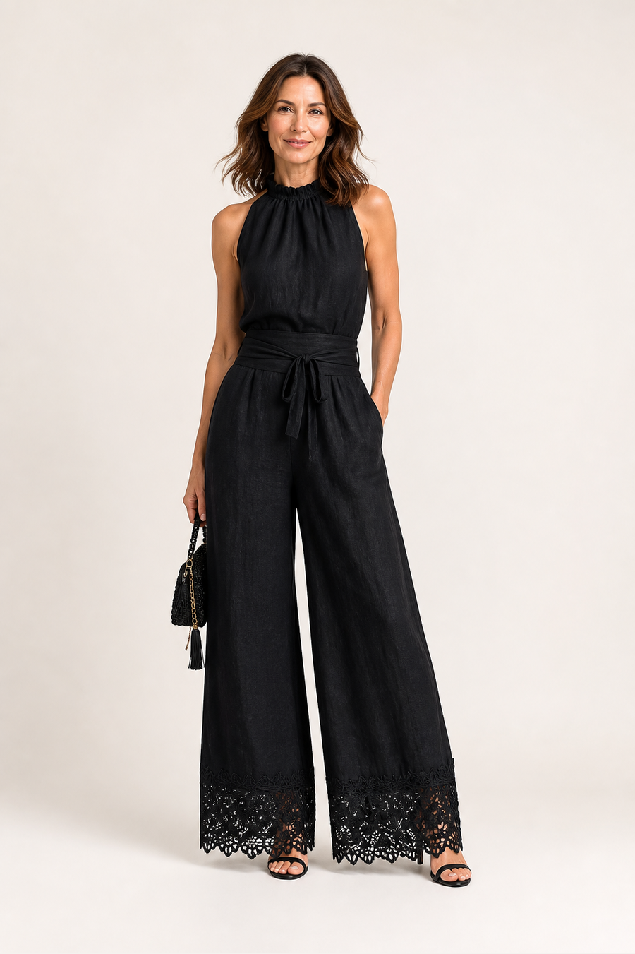 Black Lace-trimmed Pants Set