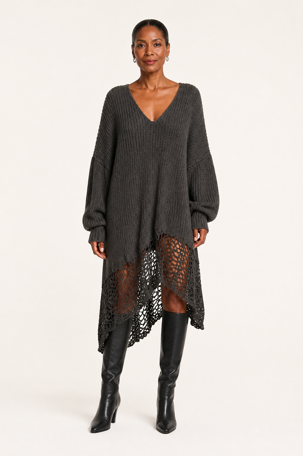 Charcoal Gray Long Sleeve Midi Dress