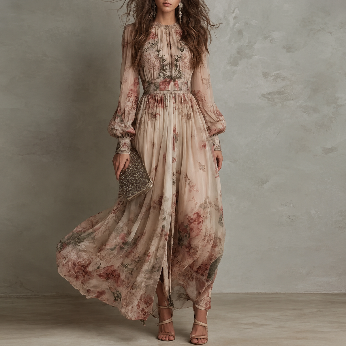Amelie Vintage Floral High-Neck Maxi Dress