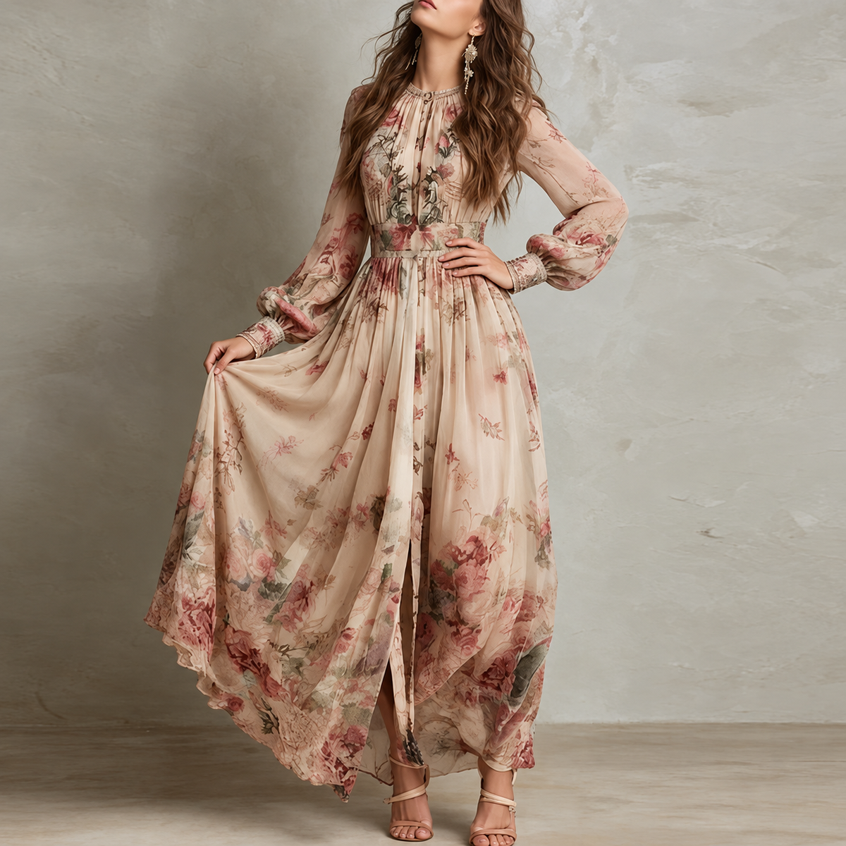 Amelie Vintage Floral High-Neck Maxi Dress