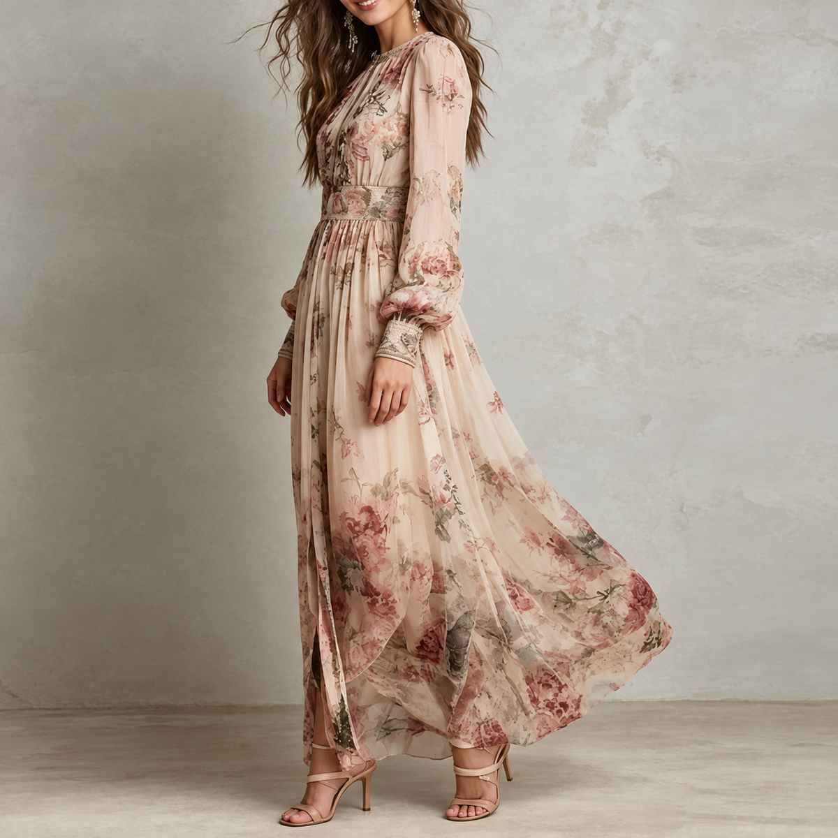Amelie Vintage Floral High-Neck Maxi Dress