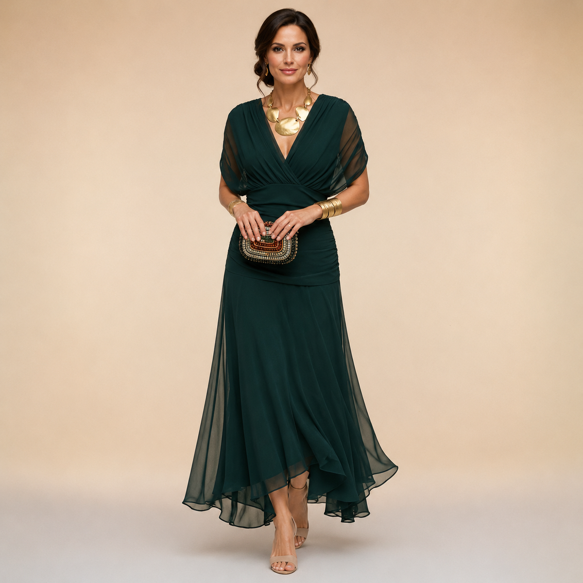 Emma Draped V-Neck Evening Maxi Dress