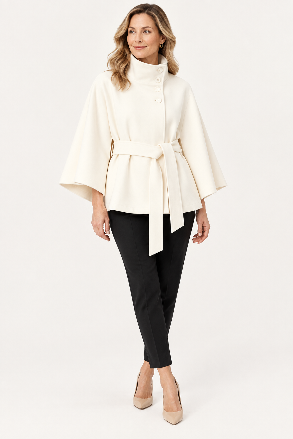 Women's Belted Cape Coat with Stand Collar