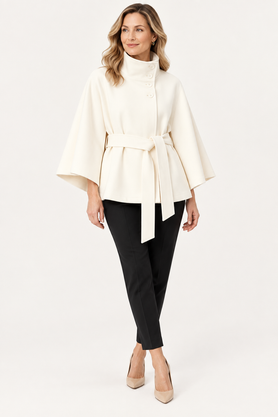 Women's Belted Cape Coat with Stand Collar