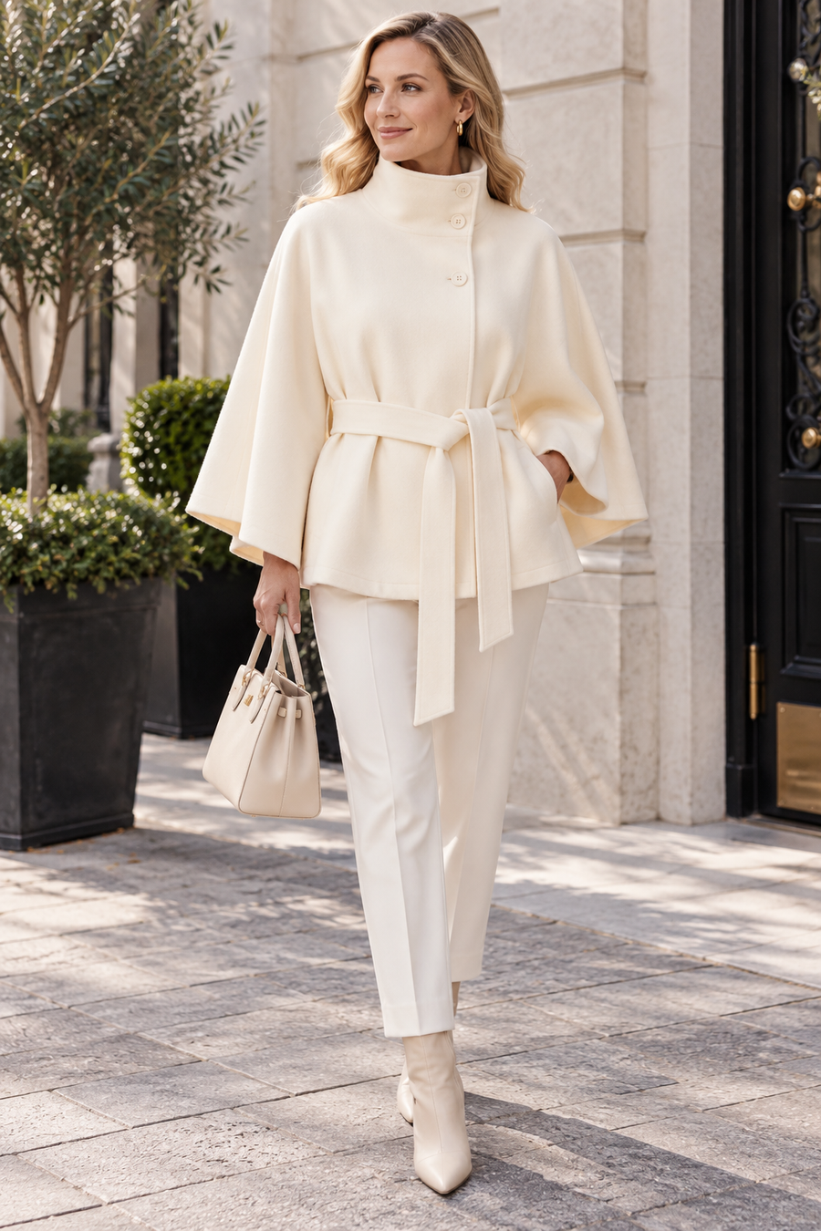 Women's Belted Cape Coat with Stand Collar
