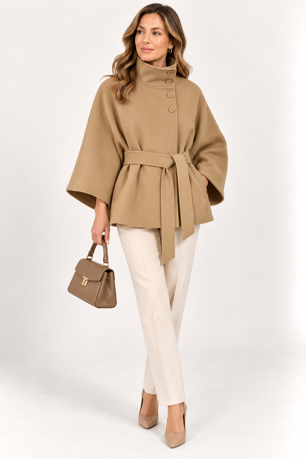 Women's Belted Cape Coat with Stand Collar