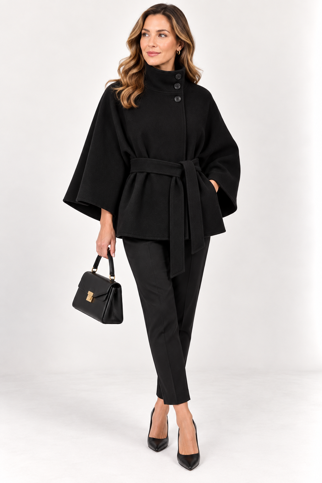 Women's Belted Cape Coat with Stand Collar