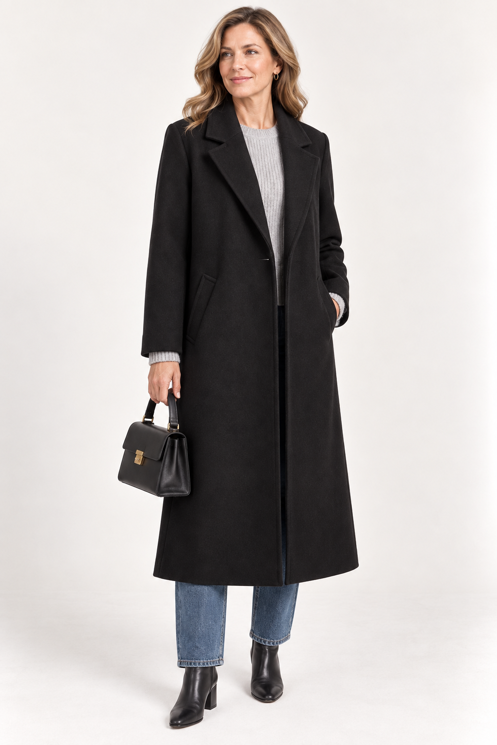 Women's Long Wool Look Coat and Button Front