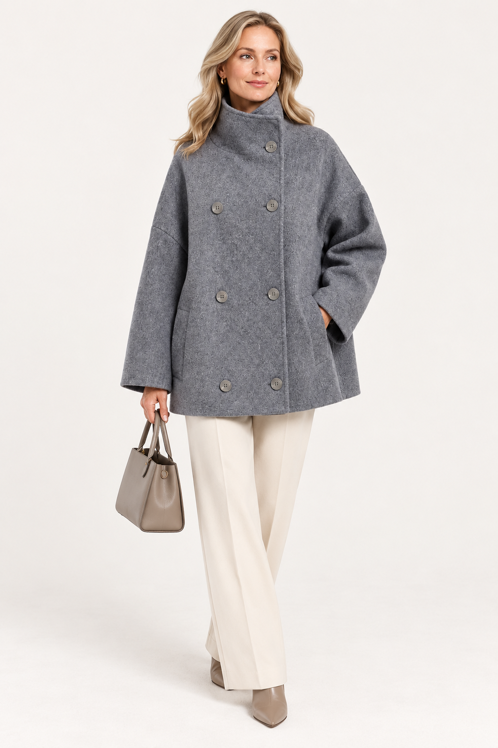 Women's Oversized Coat with Stand Collar and Double Breasted Front