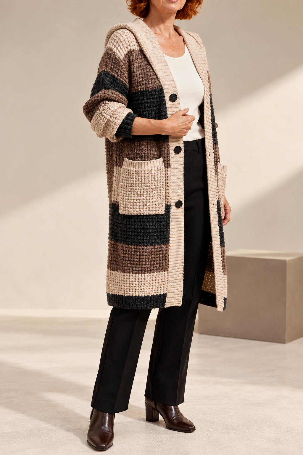 Mid-Length Hooded Chunky Knit Cardigan