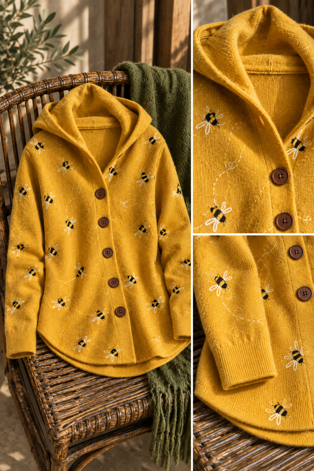 Honeybee Print Hooded Knit Cardigan