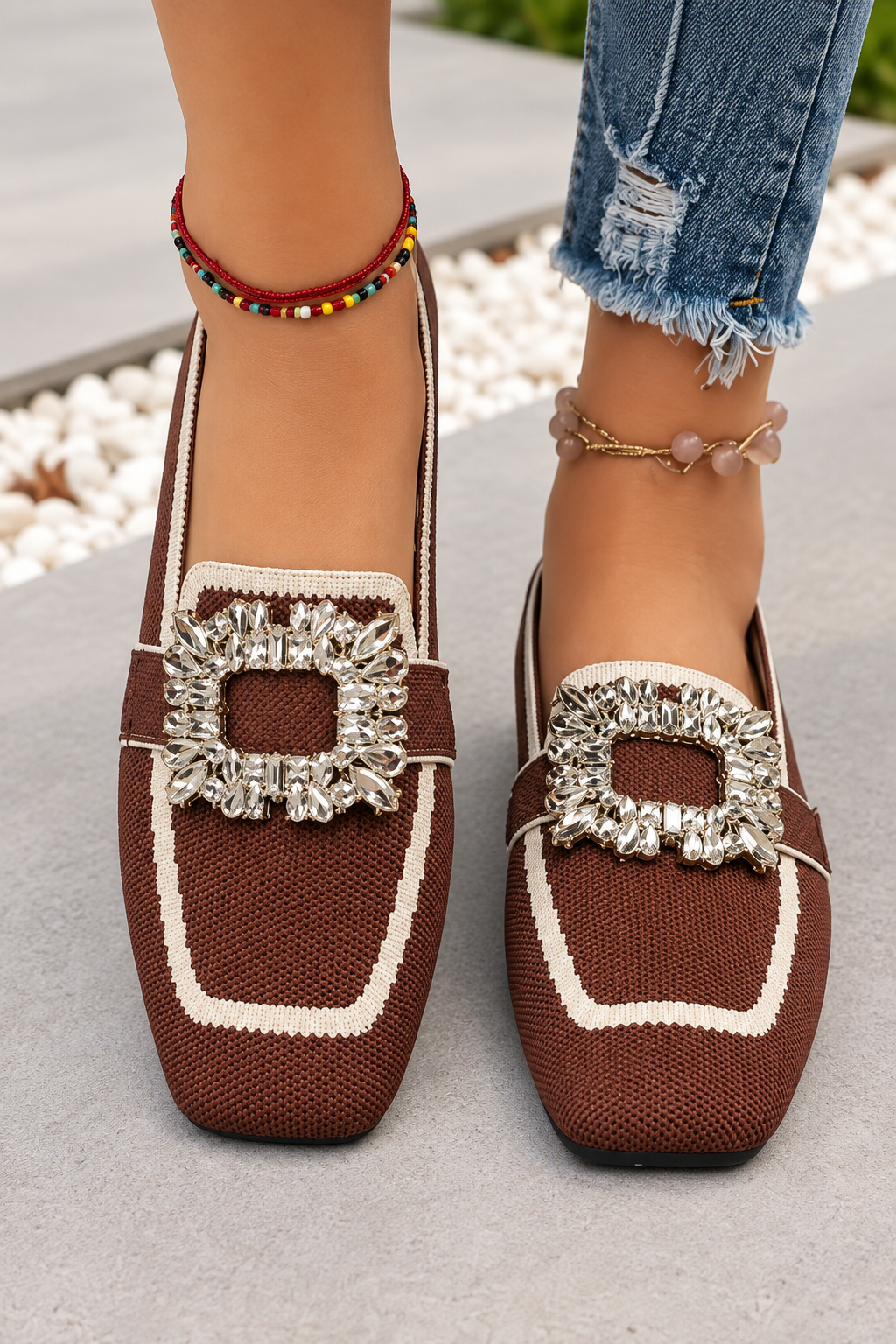 Marvella Square Toe Knitted Rhinestone Loafers