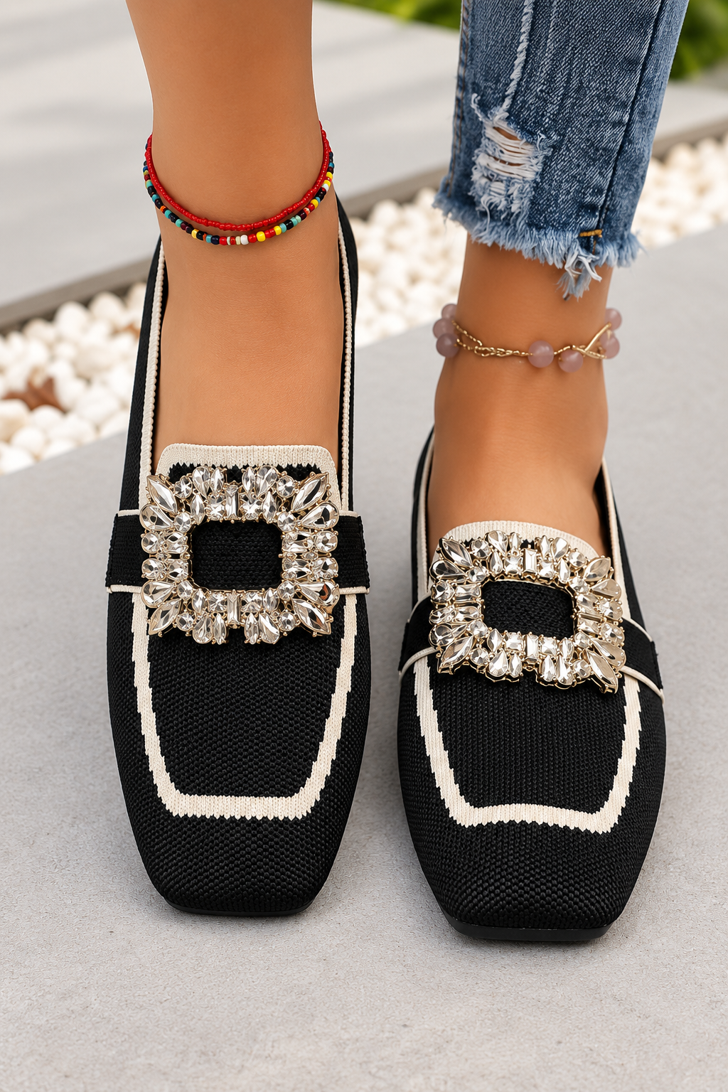 Marvella Square Toe Knitted Rhinestone Loafers