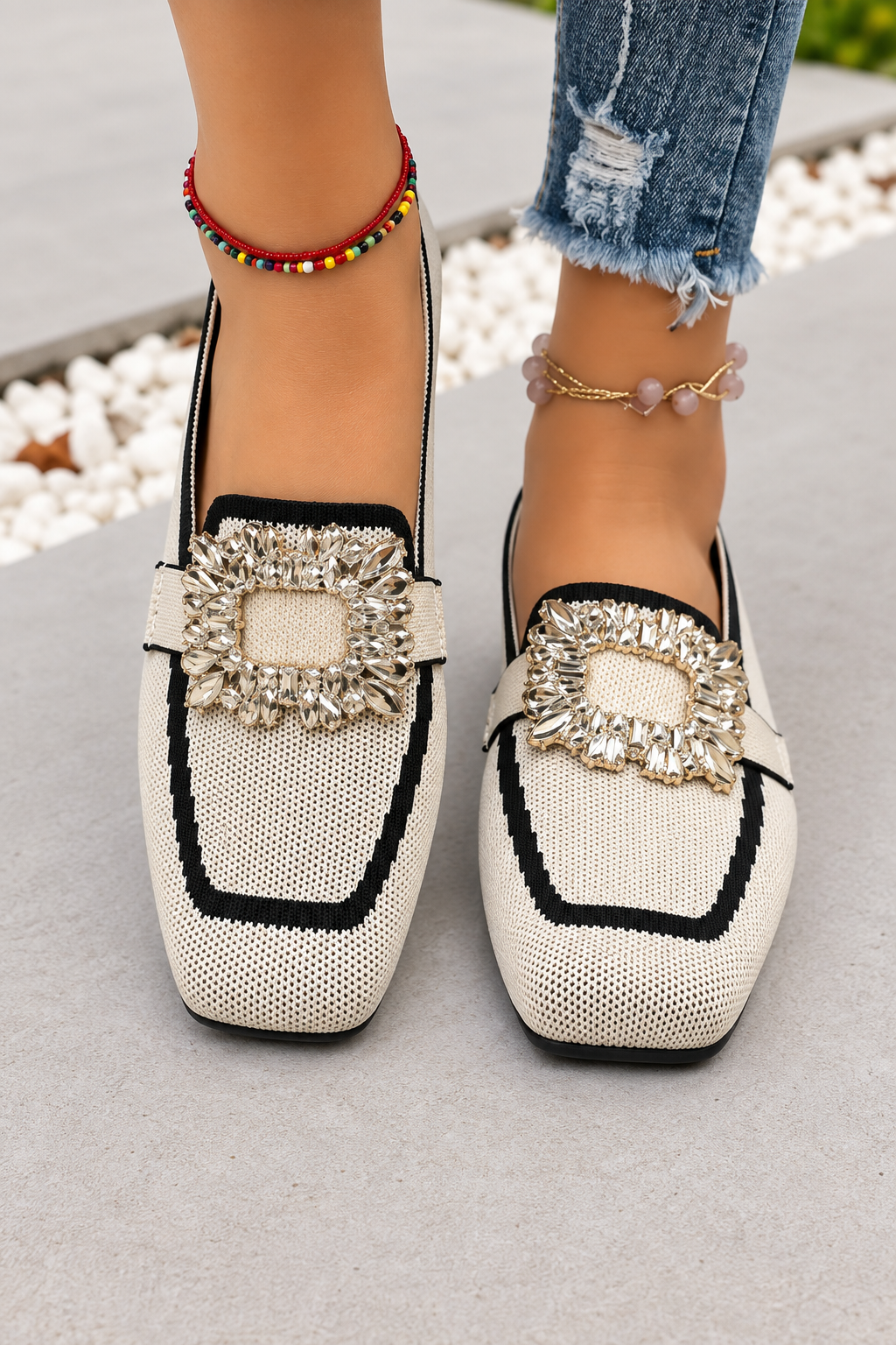 Marvella Square Toe Knitted Rhinestone Loafers
