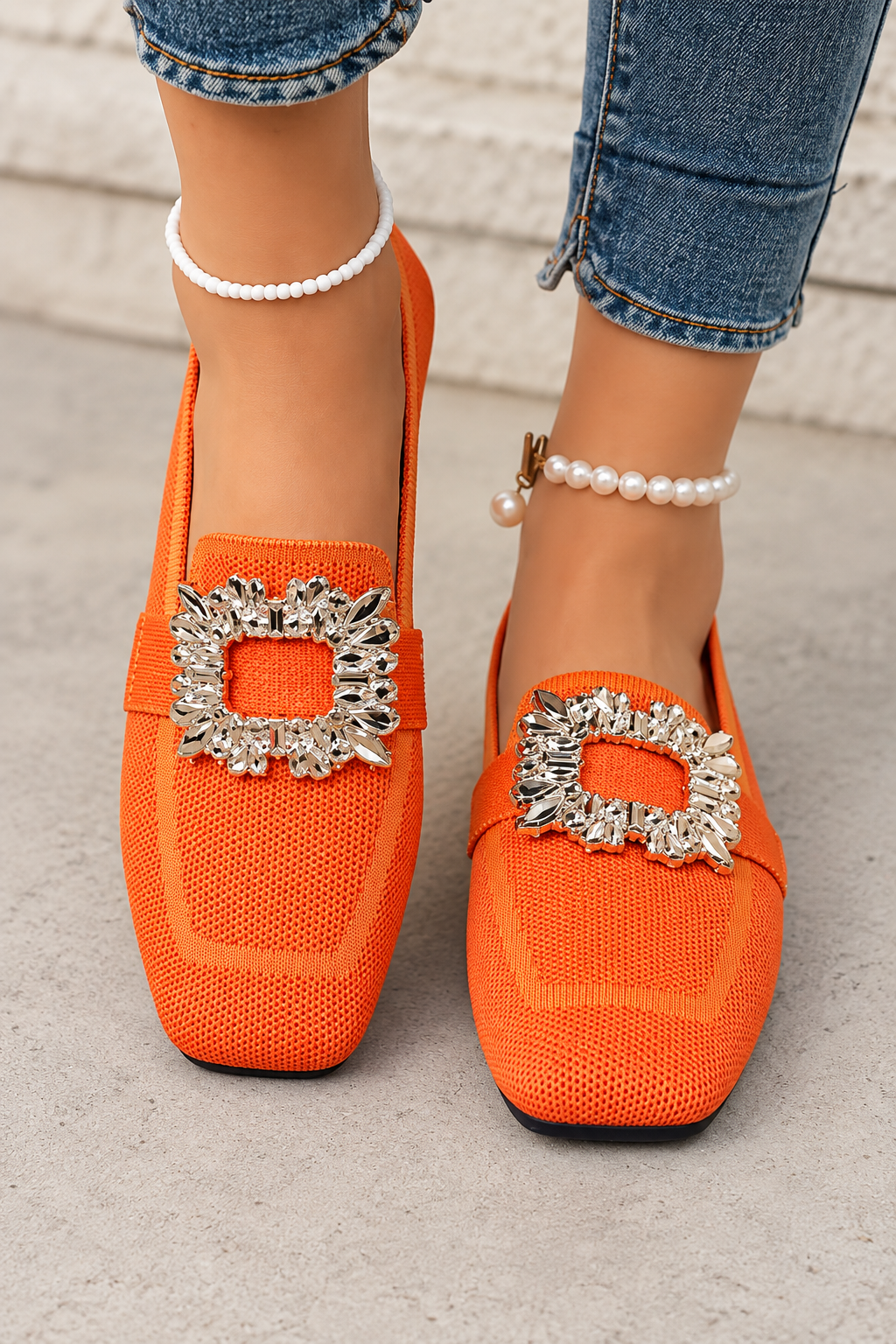 Marvella Square Toe Knitted Rhinestone Loafers