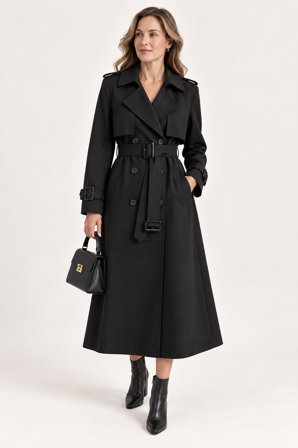 Women's Belted Long Double Breasted Trench Coat