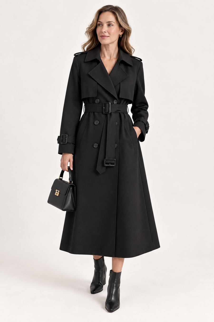 Women's Belted Long Double Breasted Trench Coat