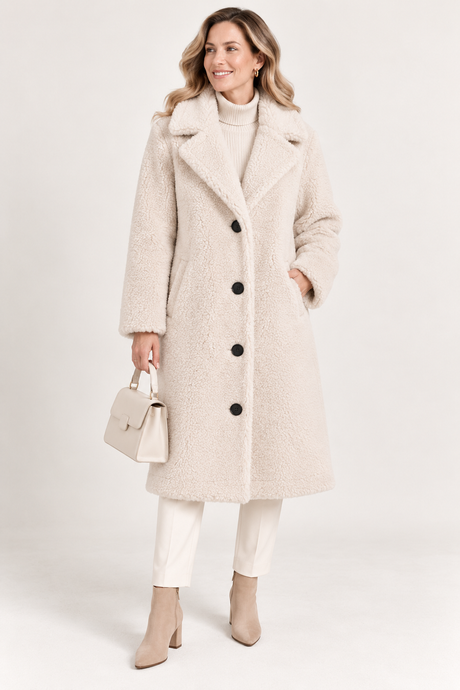 Women's Longline Teddy Fleece Coat with Notched Lapel