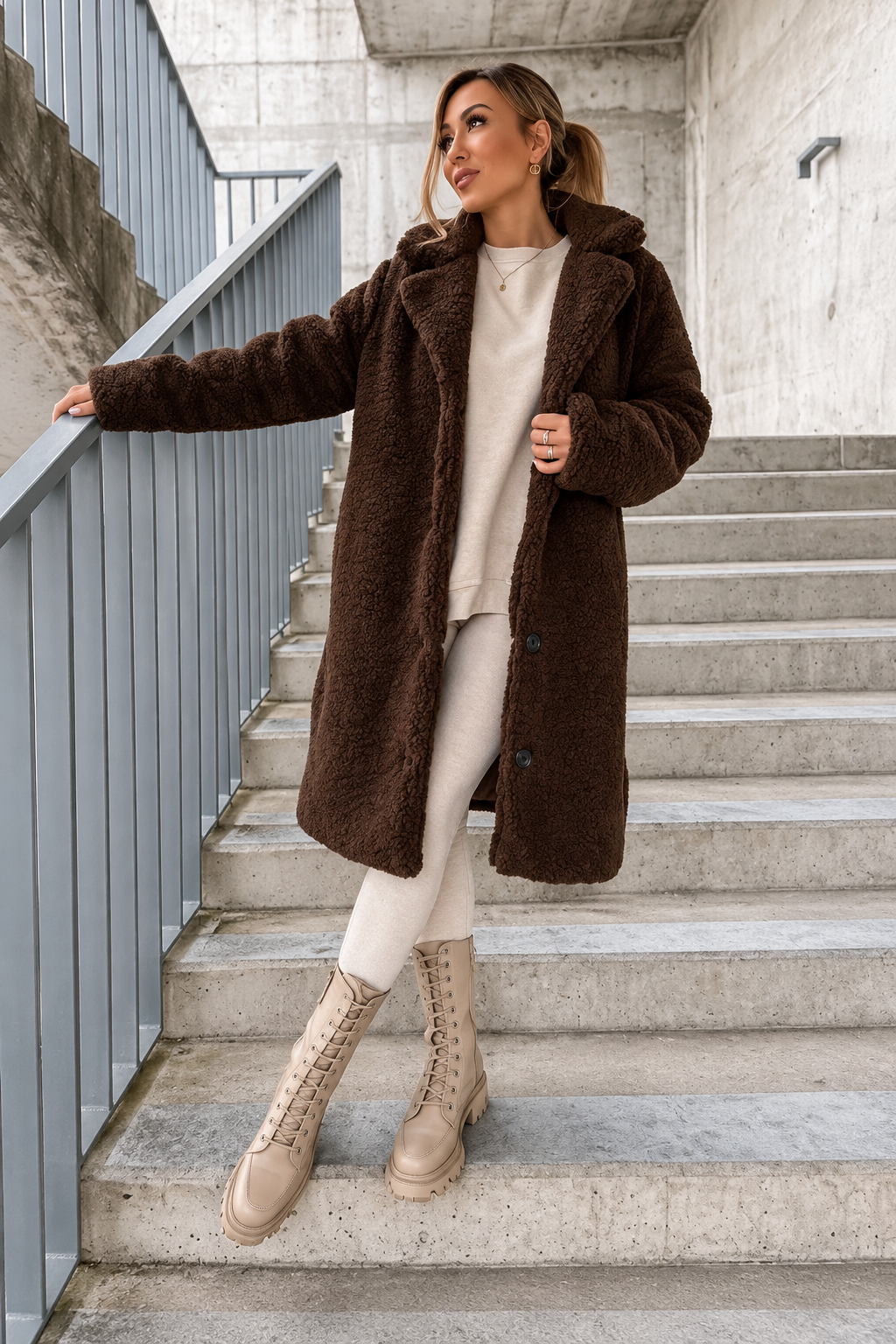 Women's Longline Teddy Fleece Coat with Notched Lapel