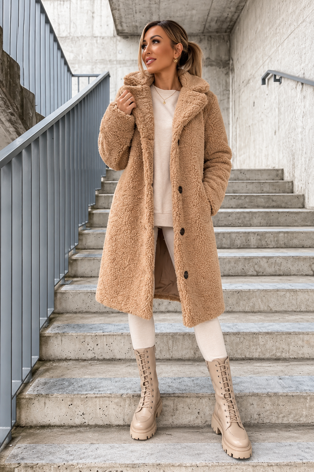 Women's Longline Teddy Fleece Coat with Notched Lapel