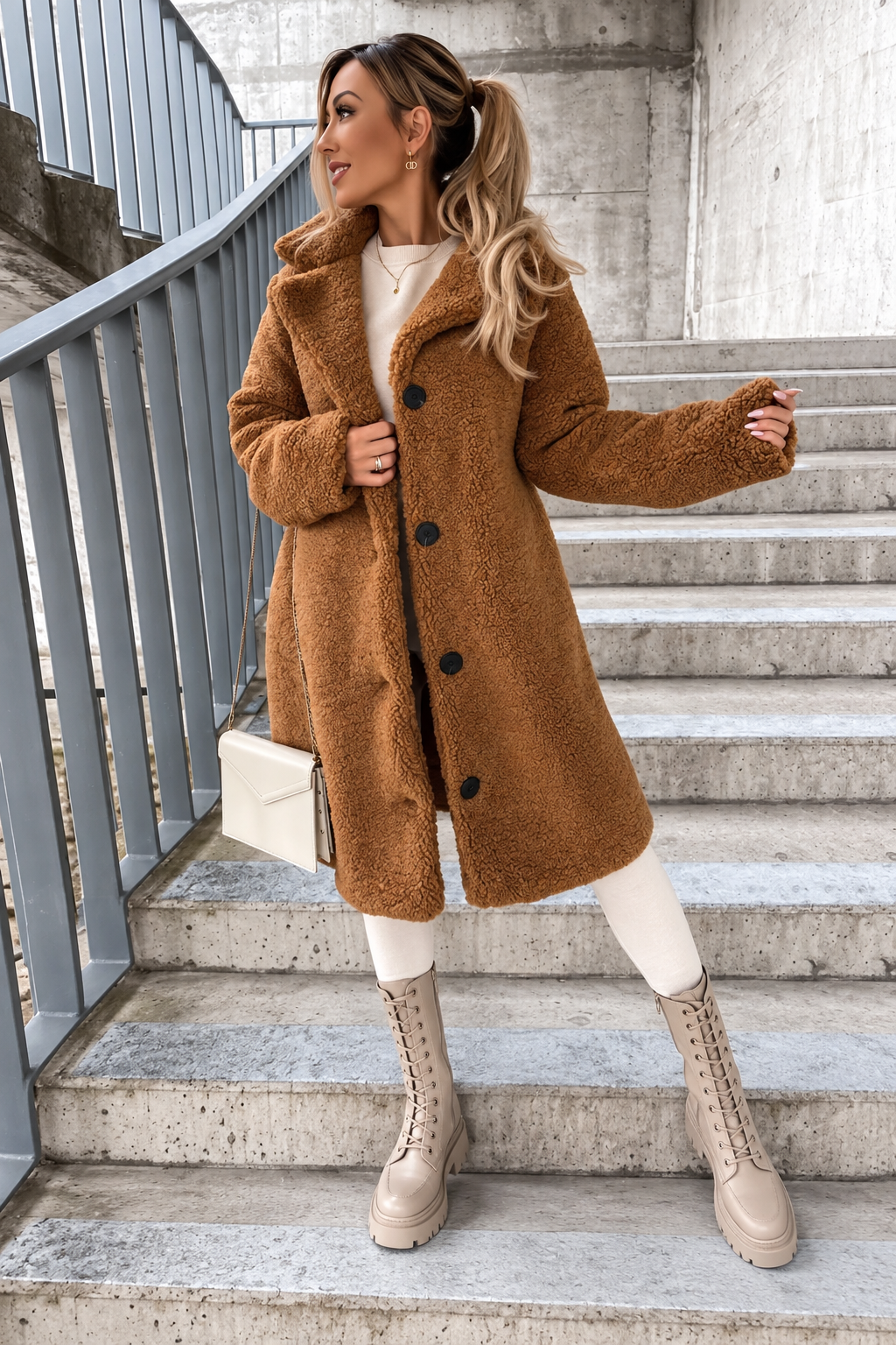 Women's Longline Teddy Fleece Coat with Notched Lapel