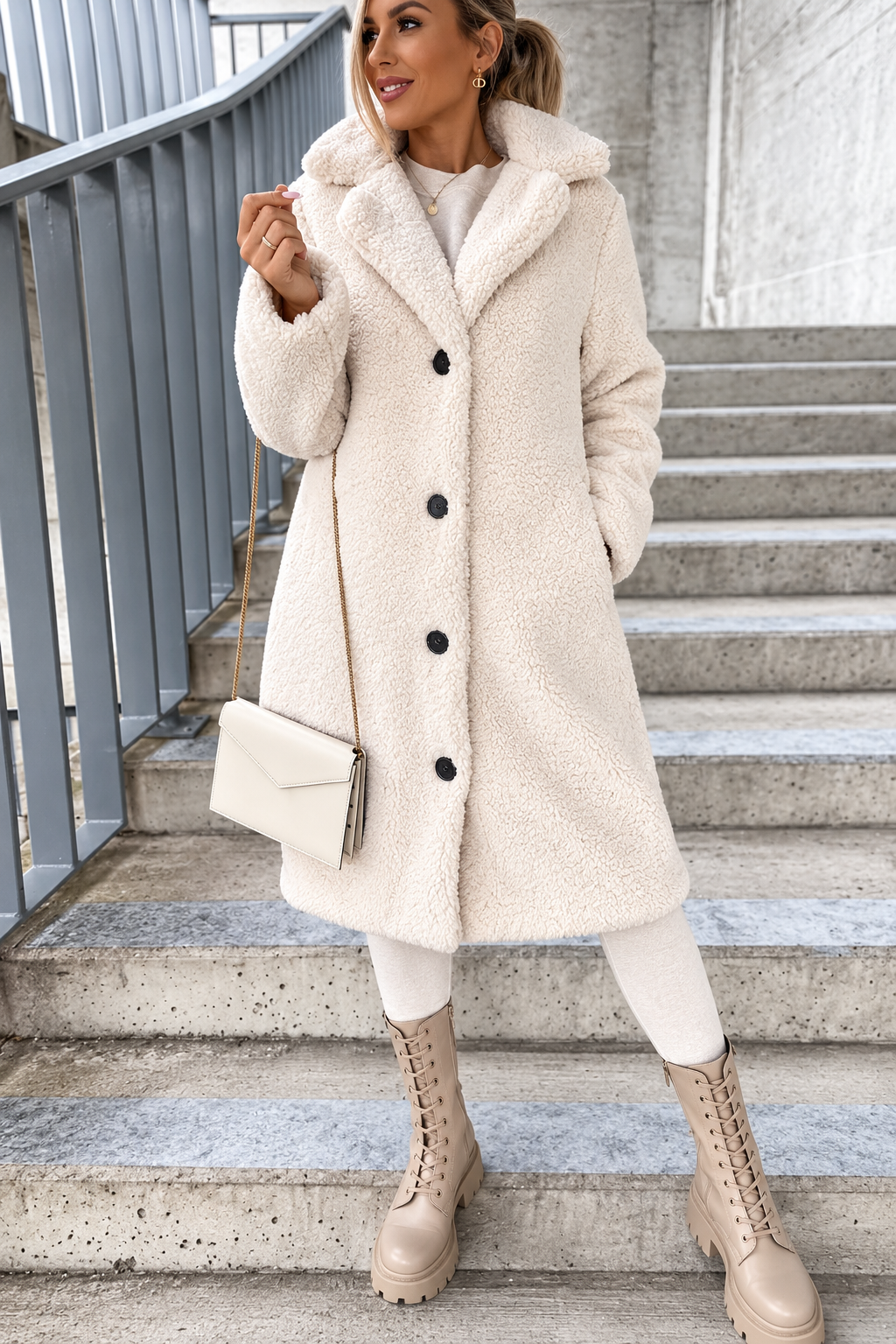 Women's Longline Teddy Fleece Coat with Notched Lapel