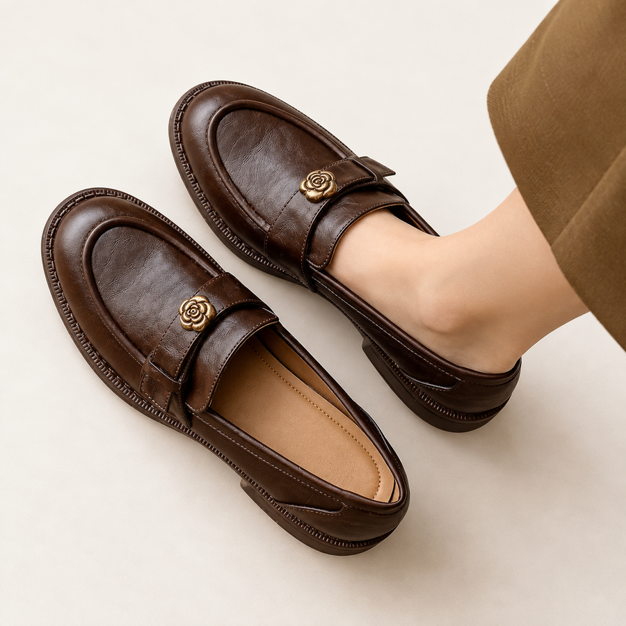 Elegant Floral Buckle Leather Loafers