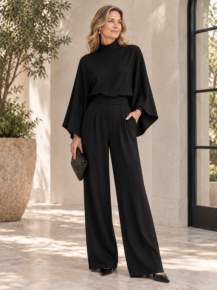 Fashionable Turtleneck Top and Wide-Leg Pants Set