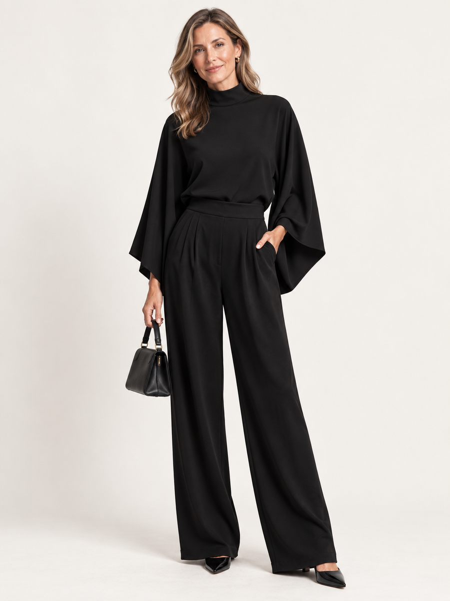 Fashionable Turtleneck Top and Wide-Leg Pants Set