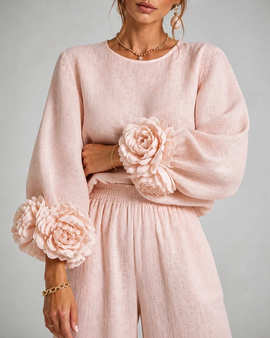 Floral Cuff Top and Wide-Leg Pants Set