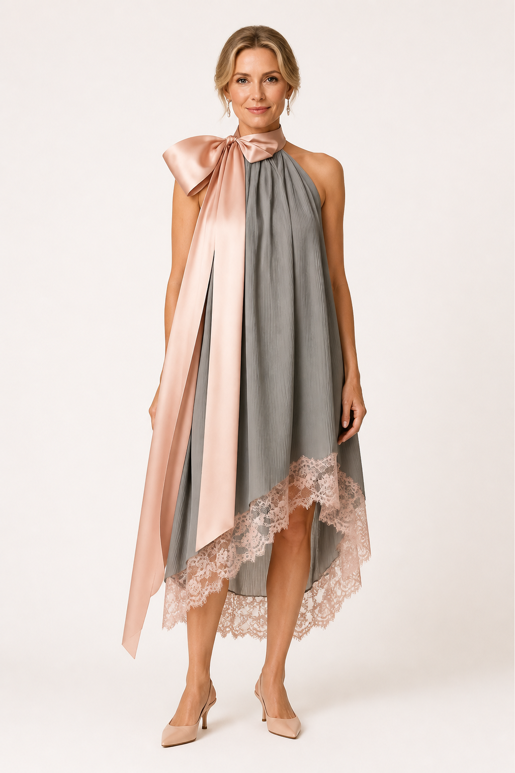 High-Neck Irregular Dress with Bow