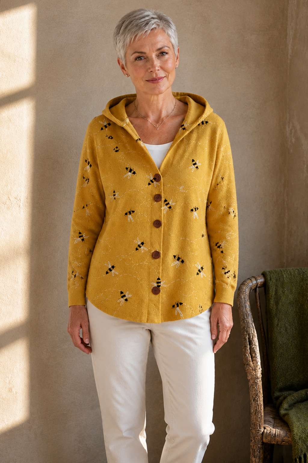 Honeybee Print Hooded Knit Cardigan
