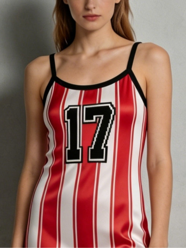 Striped and numbered jersey-style camisole mini dress