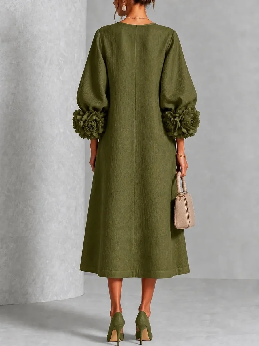 Ivy Floral Midi Dress with Rose-Cuff Sleeves